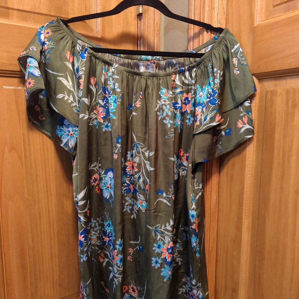1X Ruffle Sleeve Olive Green Terra & Sky On or Off Shoulder Blouse
